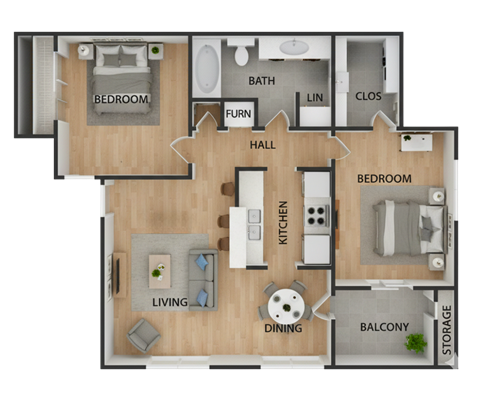 Floor plan for 2 beds, 1 bath, 781 sqft